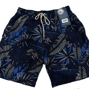 Life Is Good Blue Mens swim trunks Sz S Tropical Palm Elastic Waist